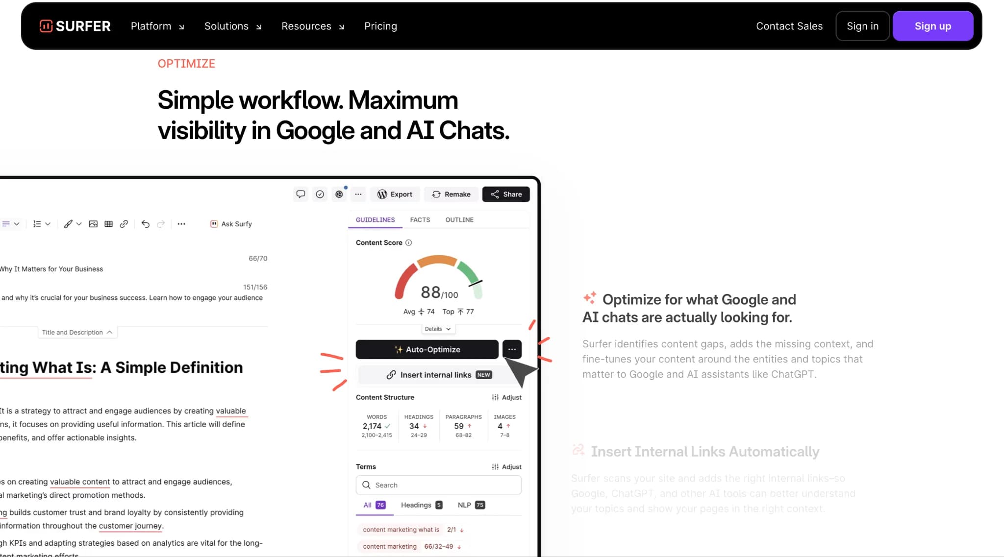 SurferSEO's content editor: a content score, structure targets and term suggestions for optimizing a page for Google and AI chats