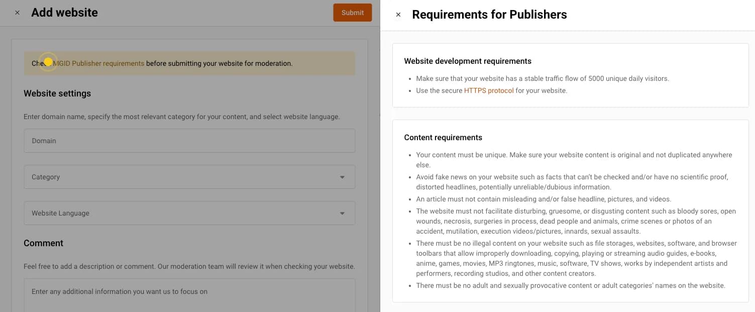 MGID publisher requirements: 5,000 unique daily visitors, HTTPS, original content, no fake news, misleading headlines, illegal or adult content
