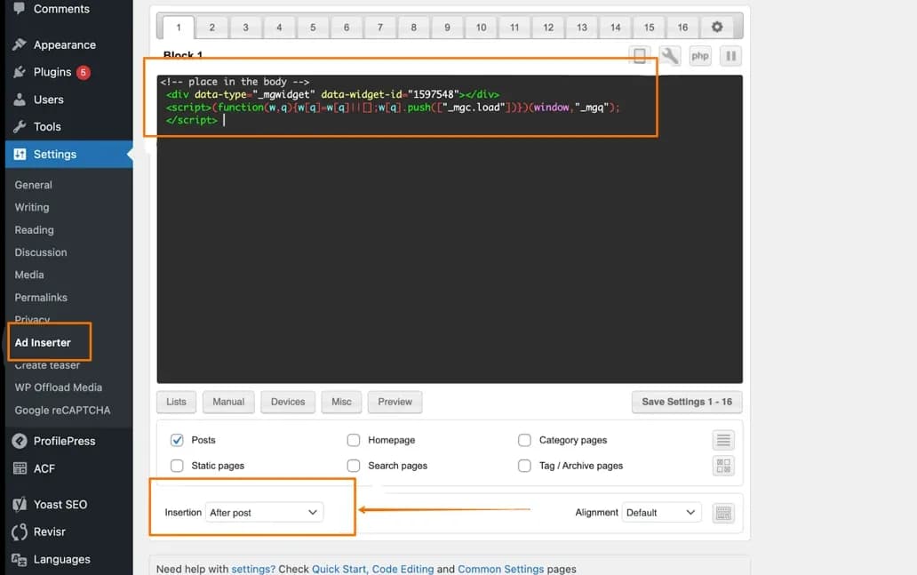 Placing an MGID widget on WordPress with an ad-insertion plugin: the widget code is inserted after the post