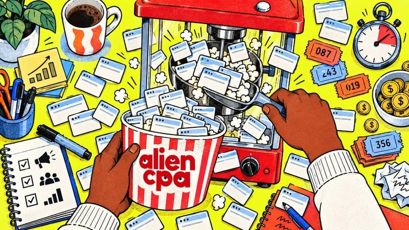 Illustrated desk: a popcorn machine pops tiny browser windows into a striped bucket held by a hand