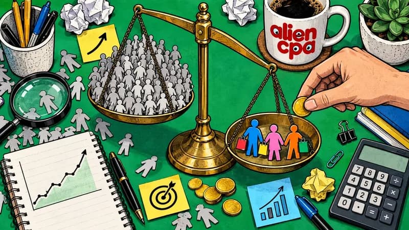 Illustrated desk: a brass balance where three shoppers with bags outweigh a big crowd of paper figures, a hand adds a gold coin