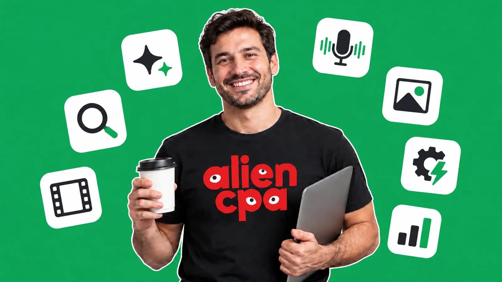 Photo collage: a relaxed man with a coffee and a laptop among white tiles with icons for search, sparkles, film, voice, images, automation and a chart
