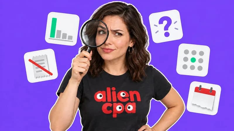 Photo collage: a skeptical woman looks through a magnifying glass among widgets with one tall bar among faded ones, a crossed-out receipt and a question mark