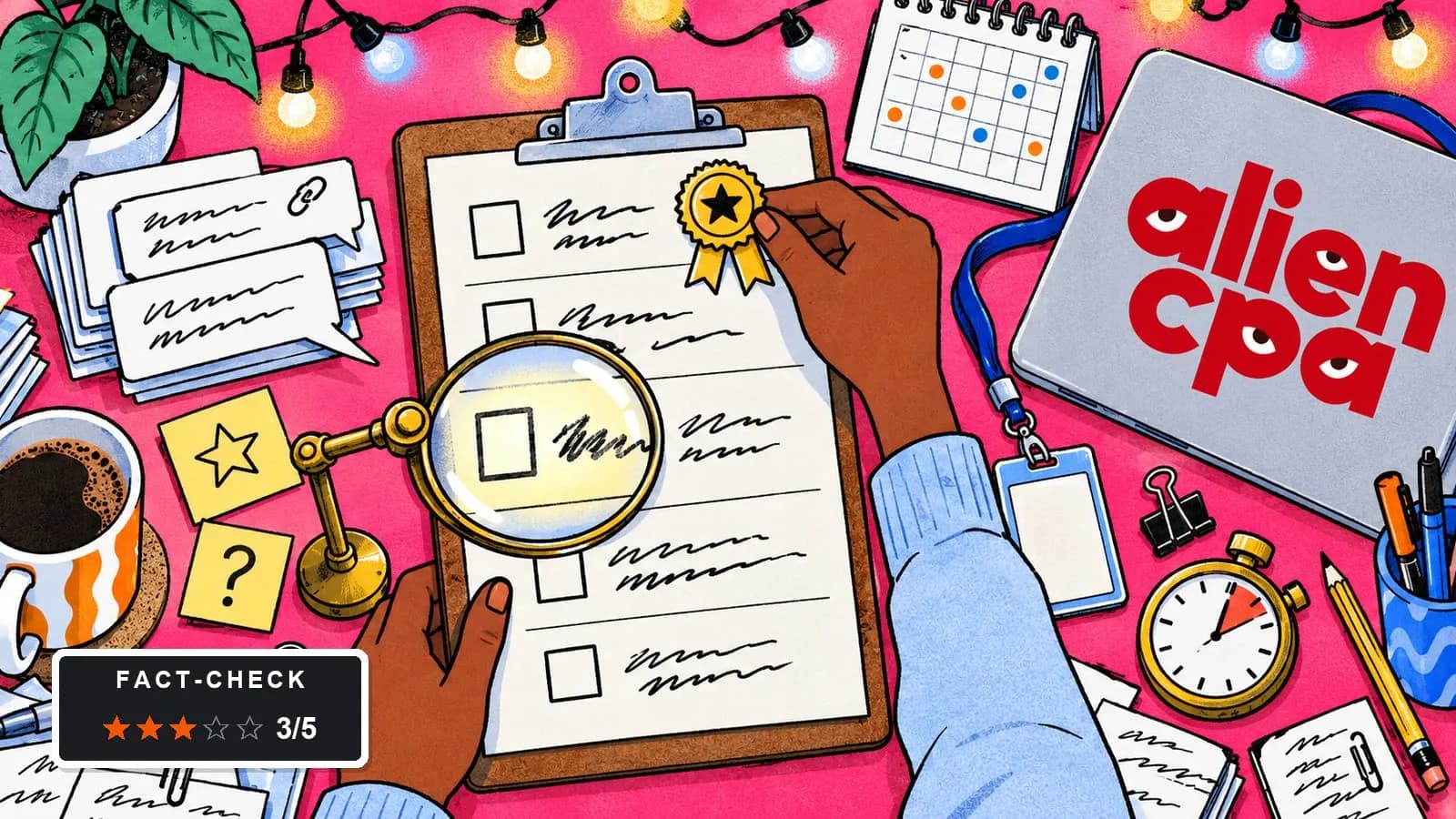 Illustrated desk: a hand pins a gold first-place rosette on row 1 of a ranking list on a clipboard while a magnifying glass on a stand focuses on row 3, with blinking string lights, speech-bubble cards and a fact-check badge showing 3 of 5 stars.