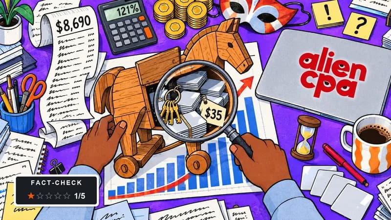 Illustrated desk: a hand pushes a wooden Trojan horse across a rising bar chart while the other holds a magnifying glass over its open hatch, full of blank cards, keys and $35 price tags, next to a $8,690 receipt, a calculator showing 121%, a carnival mask and a fact-check badge showing 1 of 5 stars.