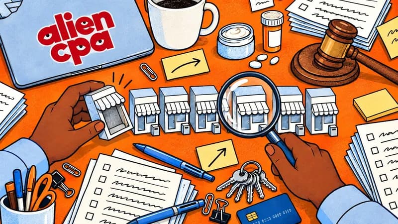 Illustrated desk on an orange background seen from above: one hand tips over an empty cardboard storefront at the end of a row of identical paper shops while the other holds a magnifying glass over them, among a pill bottle, a jar of cream, a judge's gavel, a ring of identical keys, stacks of forms, a credit card and a closed laptop with the aliencpa logo.