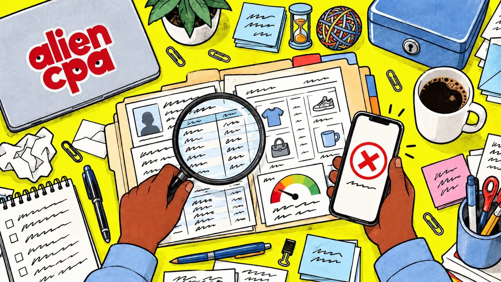 Illustrated desk on an acid yellow background seen from above: one hand holds a magnifying glass over an open file folder with an ID photo, a bank statement, a web shop printout and a credit score gauge, while the other hand holds a phone showing a red X, next to a locked cash box, a coffee mug, an hourglass and a closed laptop with the aliencpa logo.