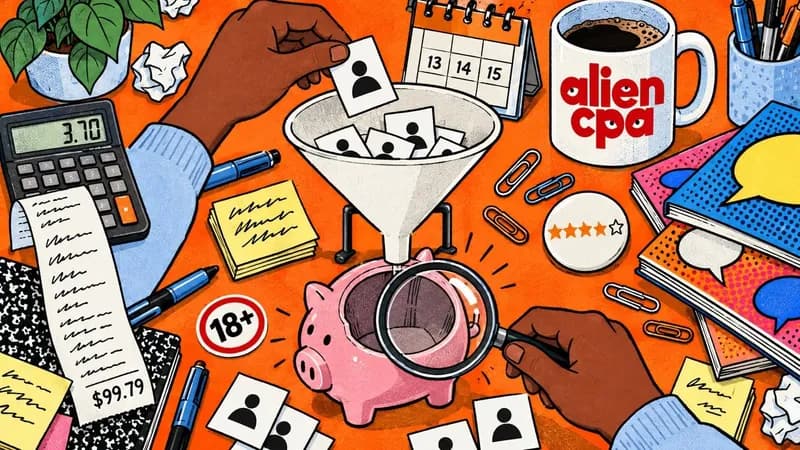 Illustrated desk on an orange background: one hand drops small sign-up cards with user icons into a paper funnel that empties into an empty piggy bank, the other hand holds a magnifying glass over it, next to a calculator showing 3.70, a receipt ending in $99.79, a calendar showing 13 to 15, an 18+ sticker, a stack of comic books, a badge with 4 of 5 stars and an aliencpa mug.