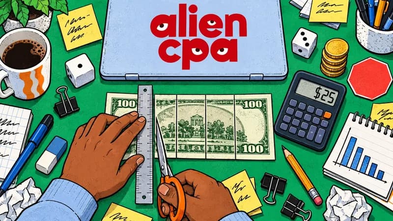 Illustrated desk on a green background seen from above: one hand holds a steel ruler on a $100 banknote marked into equal strips while the other cuts along it with scissors, among a pair of dice, a calculator showing $25, a stack of gold coins, a red octagon card, a notebook with a falling bar chart, sticky notes and a laptop with an aliencpa sticker.