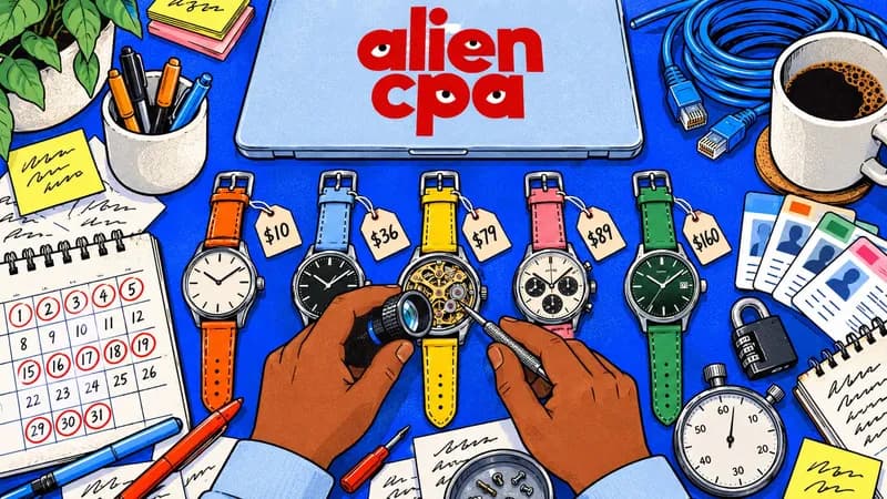 Illustrated desk on a cobalt blue background seen from above: five wristwatches with orange, light blue, yellow, pink and green straps lie in a row with price tags of $10, $36, $79, $89 and $160; the middle watch has its case back open on a brass gear movement, and one pair of hands holds a jeweler's loupe and a tiny screwdriver over it, among a calendar with circled days, a coiled network cable, a fan of ID cards, a padlock, a stopwatch, a coffee mug and a closed laptop with an aliencpa sticker.