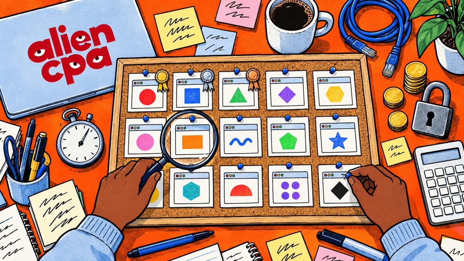 Illustrated desk on an orange background seen from above: a corkboard with 15 pinned cards, each showing a small browser window with a colored shape, the first 3 wearing gold, silver and bronze rosettes; one hand holds a magnifying glass over a card, the other pins the last one; around them a stopwatch, a calculator, coins, a padlock, a network cable and a coffee mug, and the aliencpa logo as a sticker on a closed laptop.