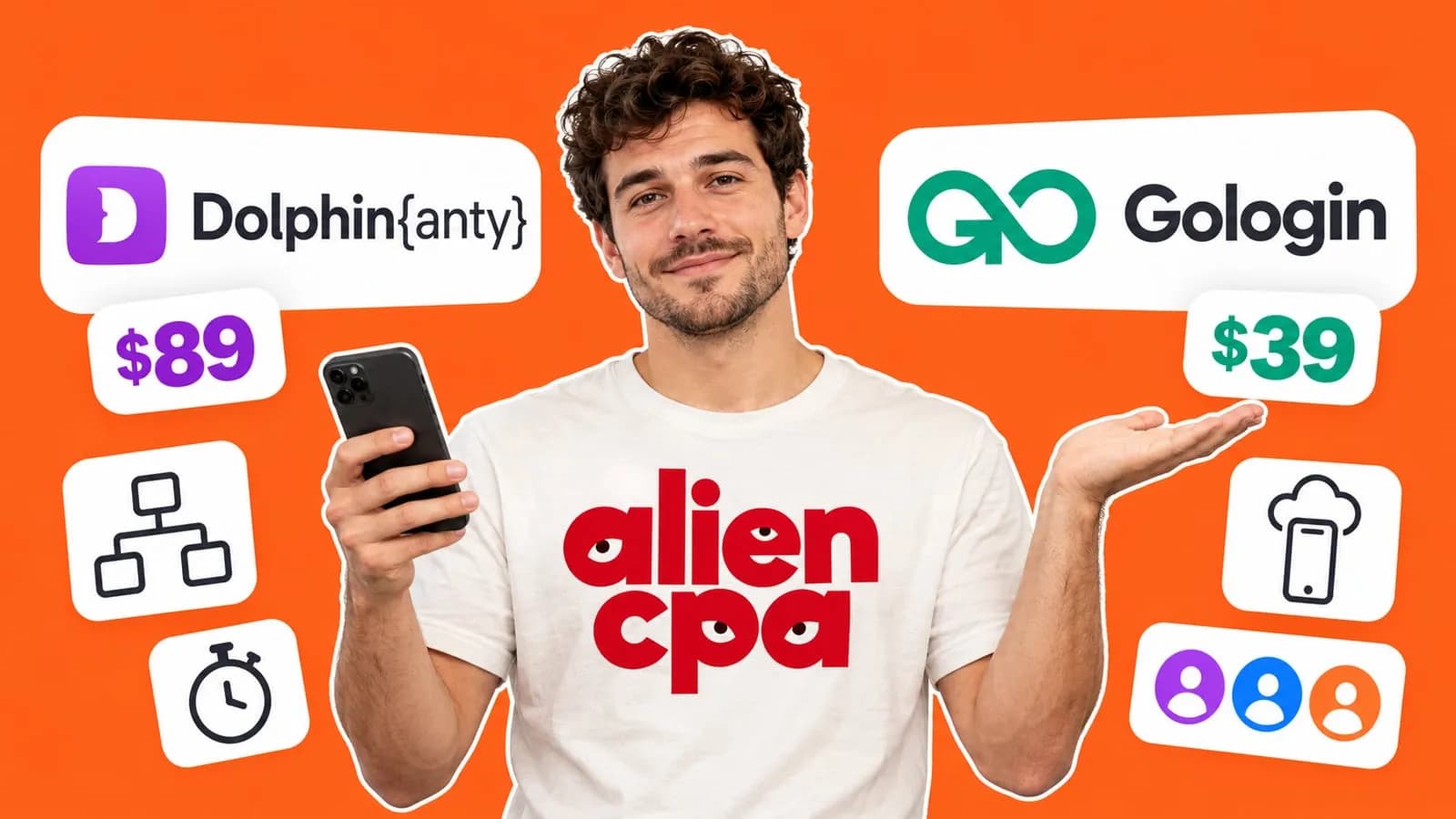 Photo collage on a flat orange background: a smiling man with curly dark hair holds a smartphone and raises an open palm between 2 large white tiles with the Dolphin{anty} and Gologin logos, with price tiles of $89 and $39 under them and small tiles with a flowchart, a stopwatch, a phone under a cloud and 3 avatars; the aliencpa logo is on his T-shirt.