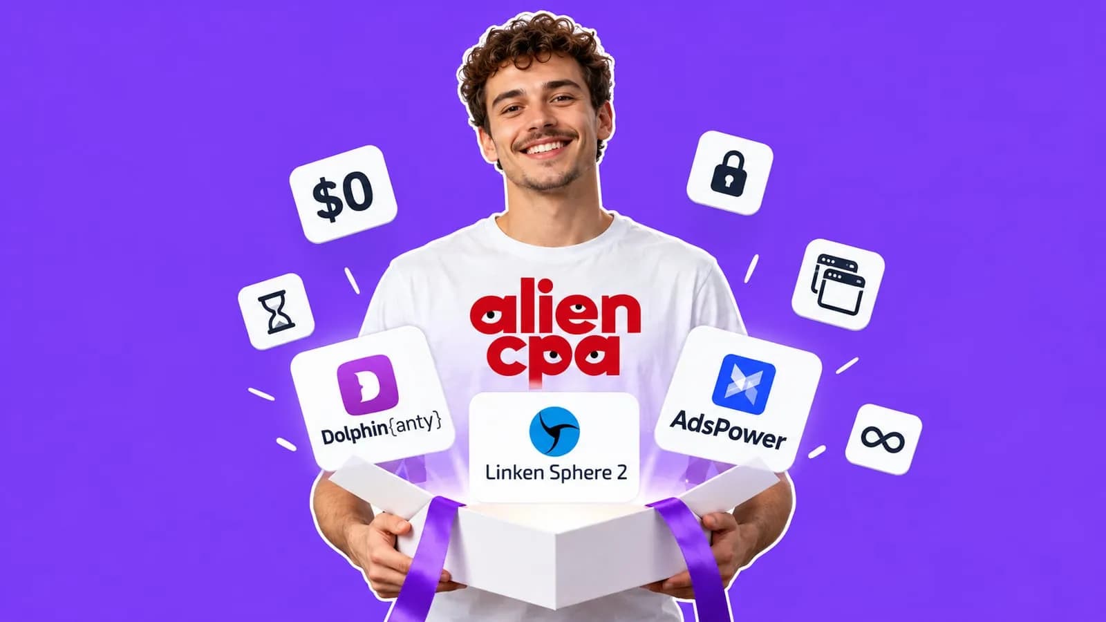 Photo collage on a flat violet background: a smiling young man with curly hair holds an open white gift box, from which white tiles with the Dolphin{anty}, Linken Sphere and AdsPower logos rise, among small tiles with $0, an hourglass, a padlock, browser windows and an infinity sign; the aliencpa logo is on his T-shirt.