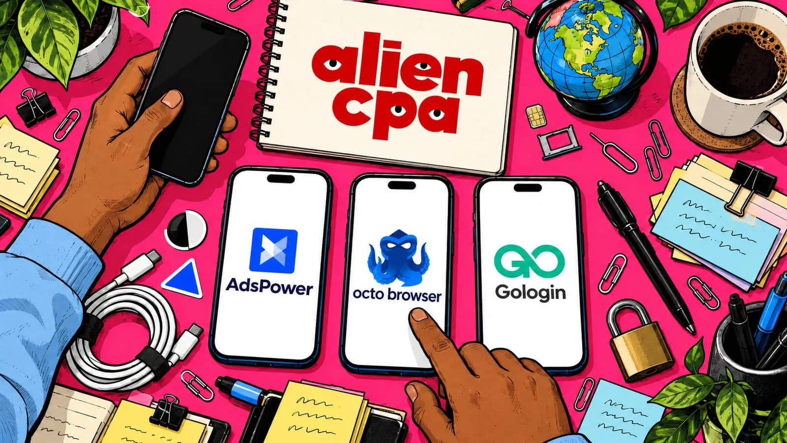 Illustrated desk on a hot pink background seen from above: 3 smartphones lie face up with the AdsPower, Octo Browser and Gologin logos on their screens, one hand taps the middle phone and the other holds a 4th phone; around them a SIM tray, a charging cable, a small globe, a padlock and a coffee mug, and the aliencpa logo is on a notebook.