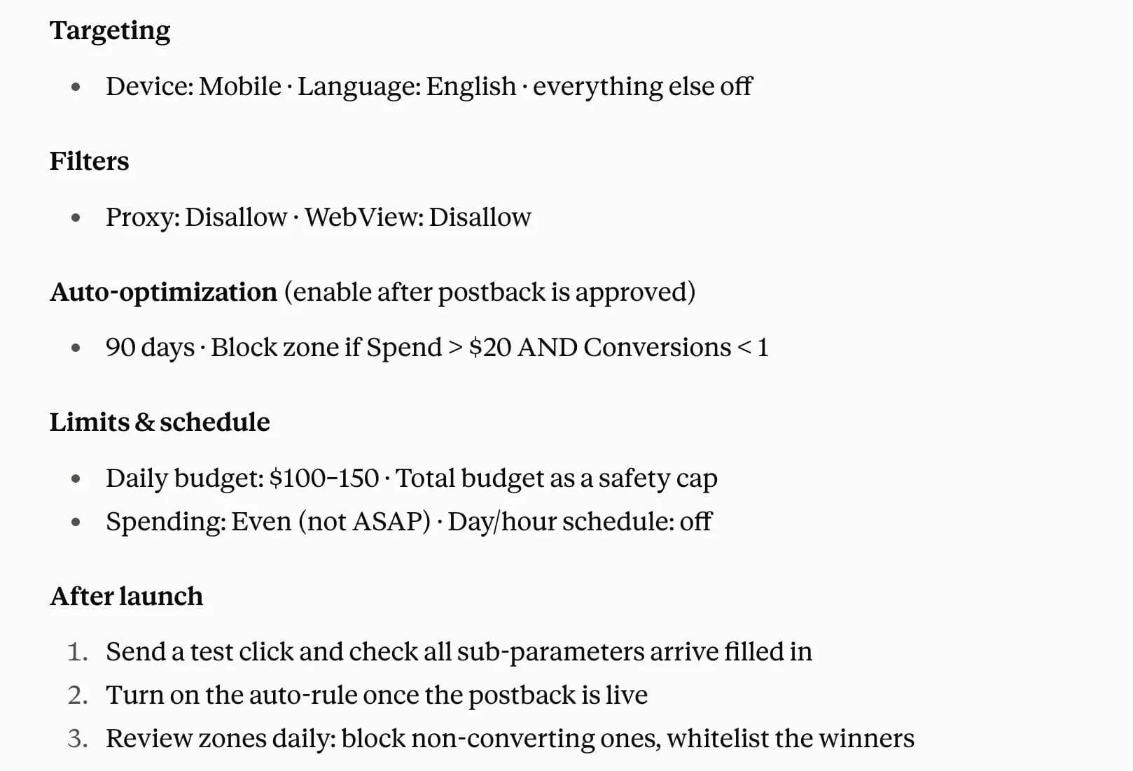 Campaign plan drafted with the AI assistant: mobile device and English language targeting, proxy and WebView traffic disallowed, a 90-day auto-rule blocking zones with spend over $20 and fewer than 1 conversion, a daily budget of $100-150 with Even spending, and after-launch steps for testing the postback and reviewing zones daily.