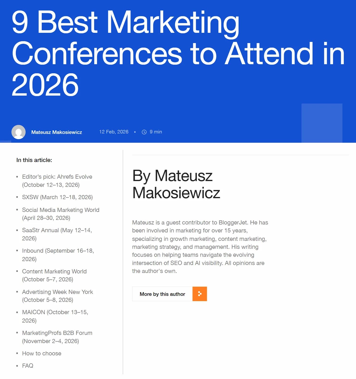Excerpts from the BloggerJet page 9 Best Marketing Conferences to Attend in 2026 by Mateusz Makosiewicz, dated February 12, 2026: the table of contents opens with Editor's pick: Ahrefs Evolve, and the author box calls him a guest contributor whose opinions are his own.