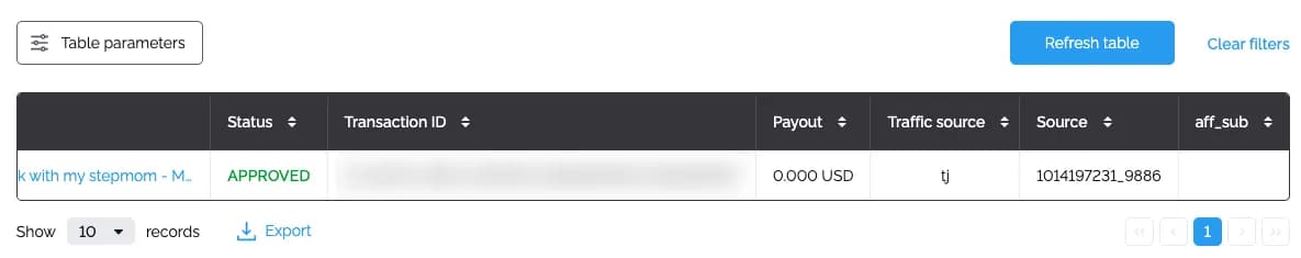 CPAmatica conversion log: 1 registration from the TrafficJunky source with status APPROVED and a payout of 0.000 USD. It's a sign-up, not a sale. Transaction ID blurred.