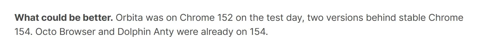 GoLogin blog, Best Anti-Detect Browsers in 2026, updated October 7, 2026: "What could be better. Orbita was on Chrome 152 on the test day, two versions behind stable Chrome 154. Octo Browser and Dolphin Anty were already on 154."
