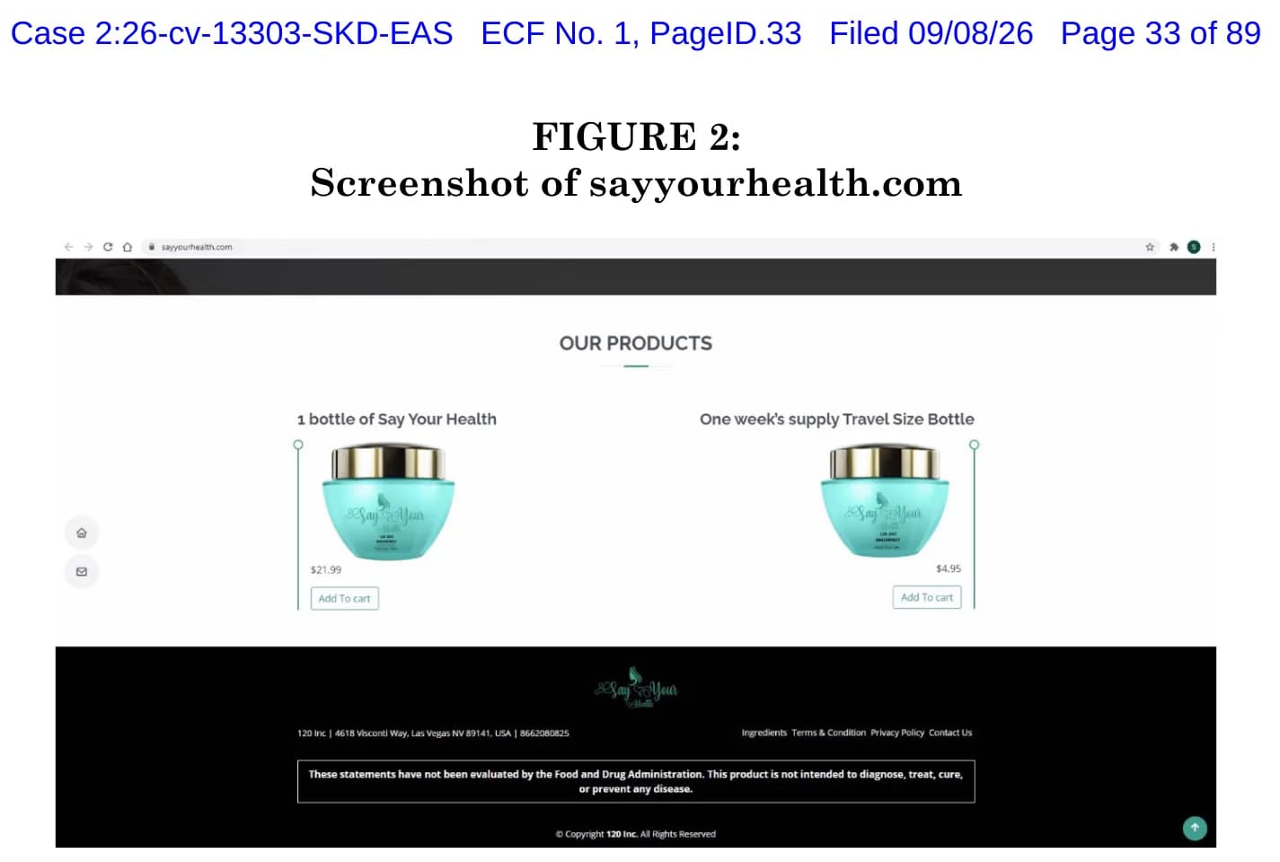 FTC complaint against Humboldt Merchant Services, page 33, Figure 2: screenshot of sayyourhealth.com under the header Our Products, showing 1 bottle of Say Your Health at $21.99 and a One week's supply Travel Size Bottle at $4.95, each with an Add To cart button, above a black footer with an FDA disclaimer that the statements have not been evaluated and the product is not intended to diagnose, treat, cure or prevent any disease.