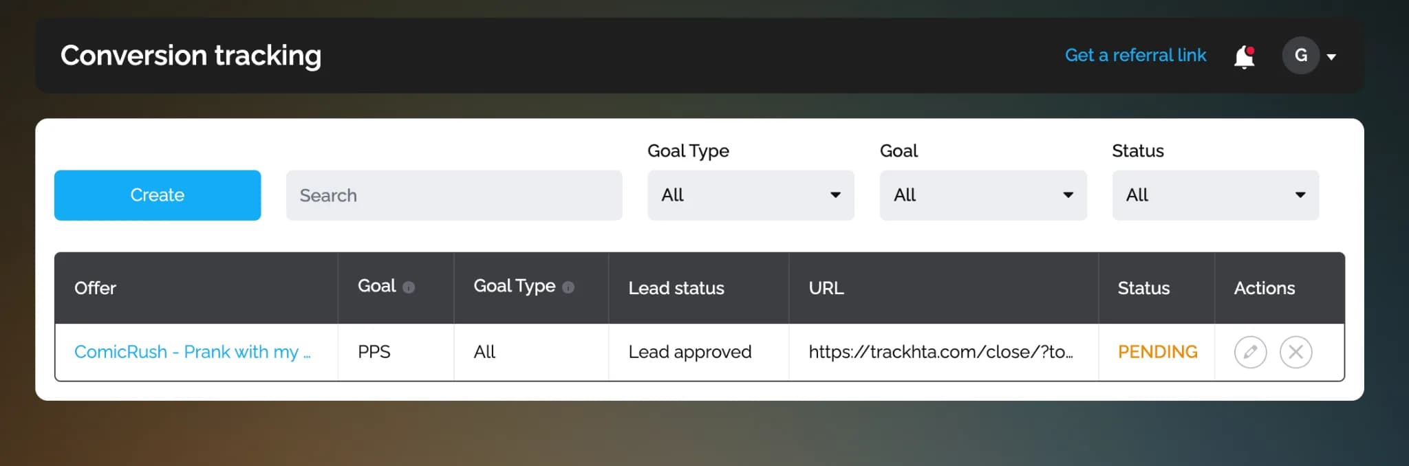 CPAmatica conversion tracking: a postback for the comics offer on the PPS goal with lead status approved, waiting in PENDING status until the affiliate manager activates it.