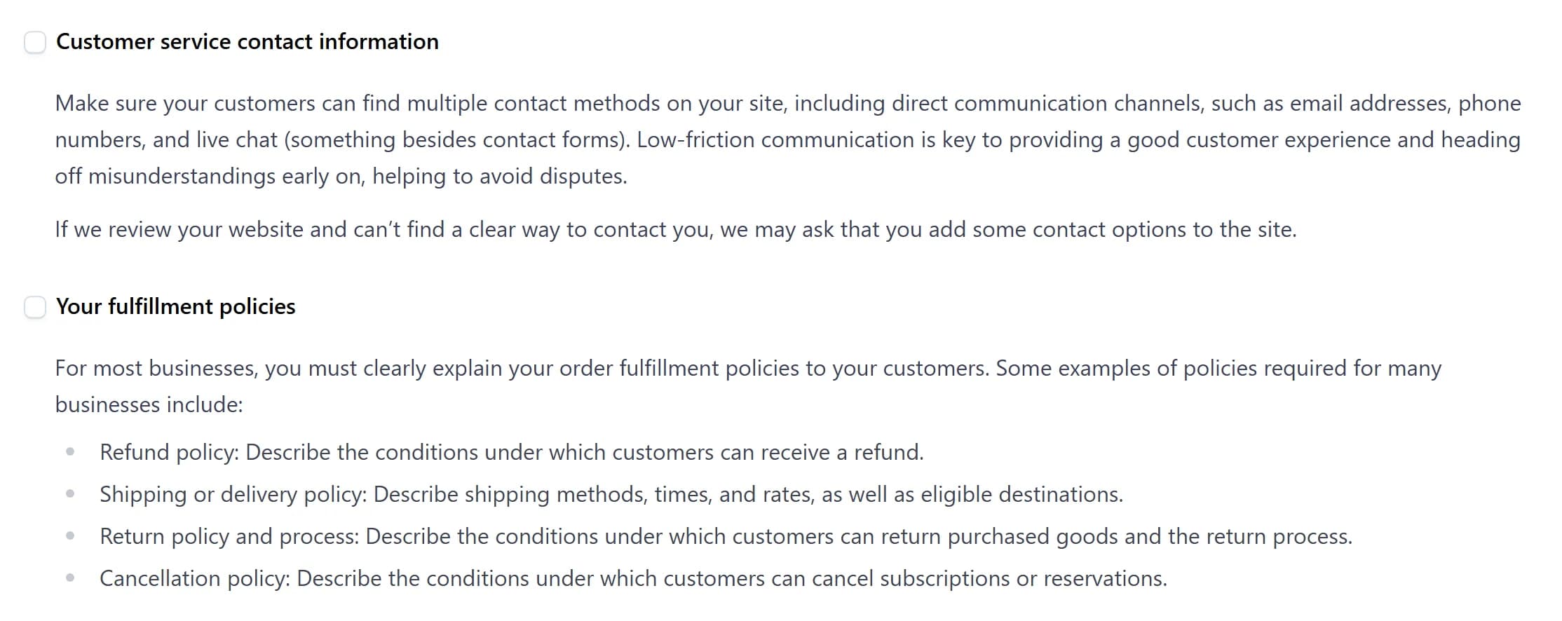 Stripe website checklist: customer service contact information, with multiple contact methods such as email, phone and live chat rather than only a contact form, and a note that if Stripe can't find a clear way to contact you it may ask you to add options; fulfillment policies, including refund, shipping or delivery, return and cancellation policies.
