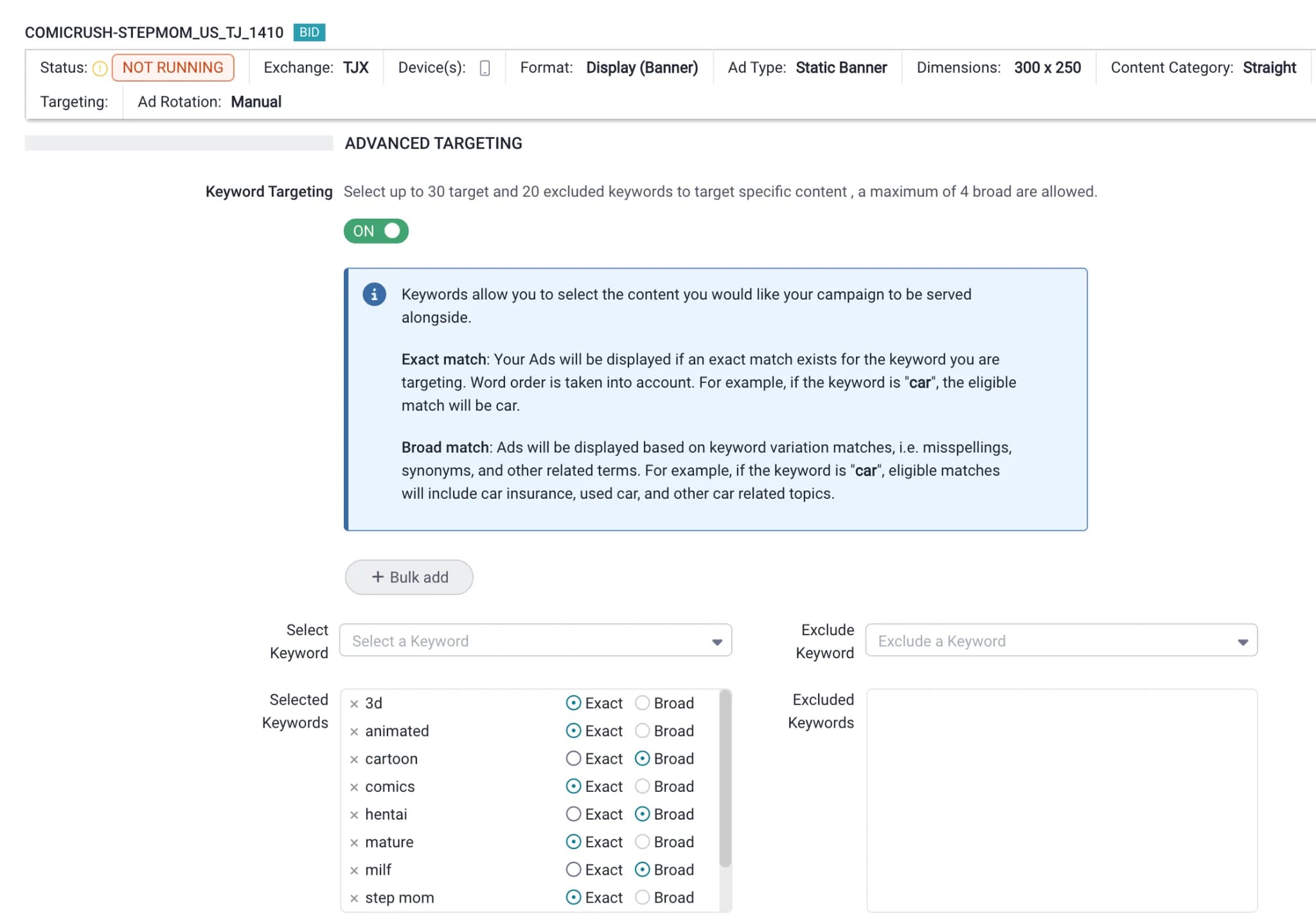TrafficJunky keyword targeting for the US banner campaign: exact-match keywords such as 3d, animated, cartoon, comics, hentai and mature selected, with an explanation of exact and broad match.