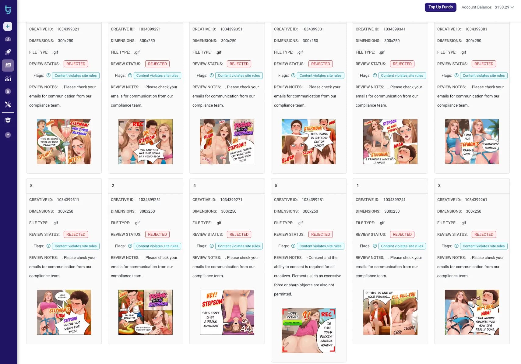 TrafficJunky media library: 12 rejected comic creatives in 300x250 for the Prank with my Stepmom story, flagged "Content violates site rules"; the hooks include a hidden camera, "You said this was just gonna be a video blog", "Turn that camera off right now!" and "If this is one of your pranks... I'll kill you". 1 review note reads that consent and the ability to consent is required for all creatives and that excessive force or sharp objects are not permitted. Explicit details are blurred.