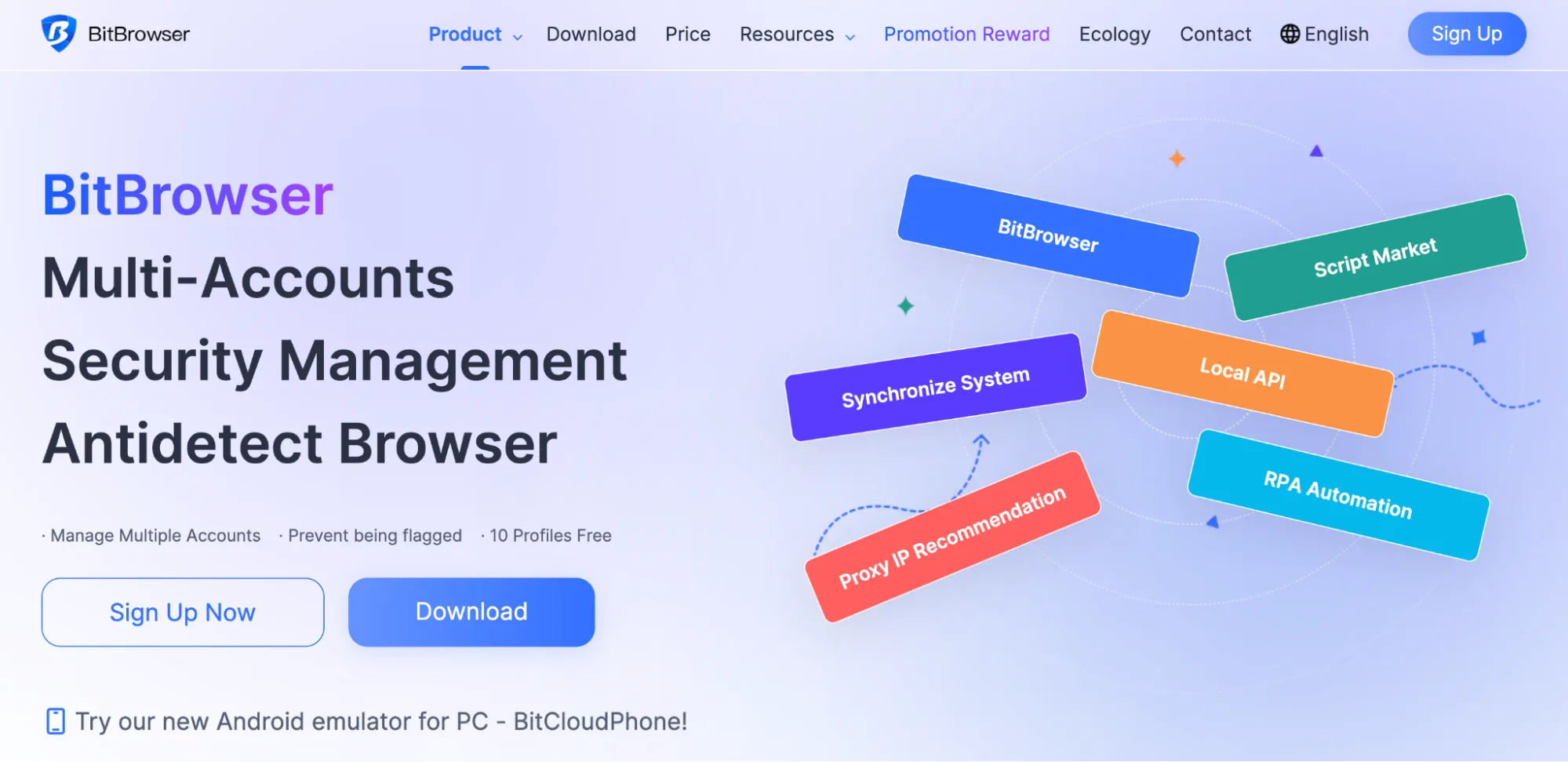 BitBrowser home page: multi-account antidetect browser with proxy, RPA, local API and a cloud phone