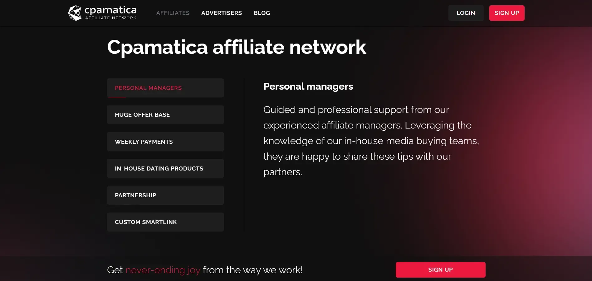 Cpamatica's affiliate page: personal managers, a huge offer base, weekly payments, in-house dating products, partnerships and custom smartlinks