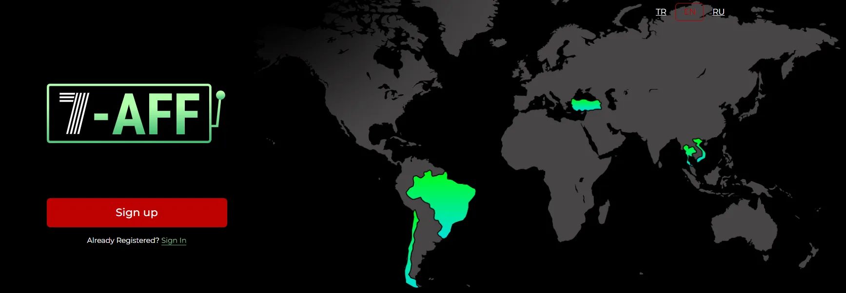 7aff home page: a world map highlighting Turkey, Brazil, Chile and Southeast Asia
