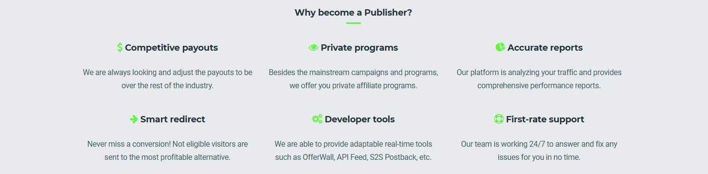 Affmine's pitch to publishers: competitive payouts, private programs, accurate reports, smart redirect, developer tools (offerwall, API feed, S2S postback) and 24/7 support