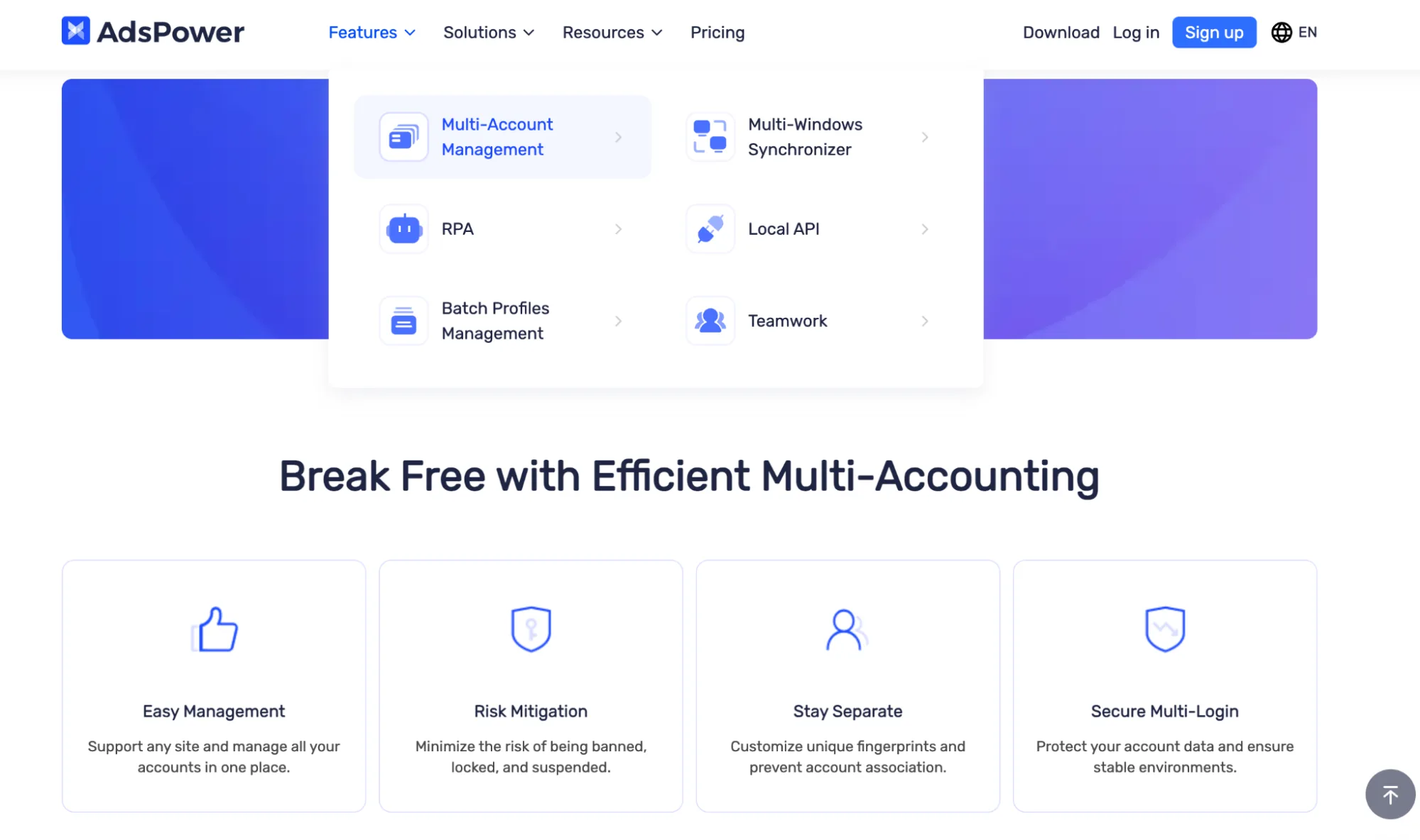 AdsPower features menu: multi-account management, multi-window synchronizer, RPA, local API, batch profiles management and teamwork