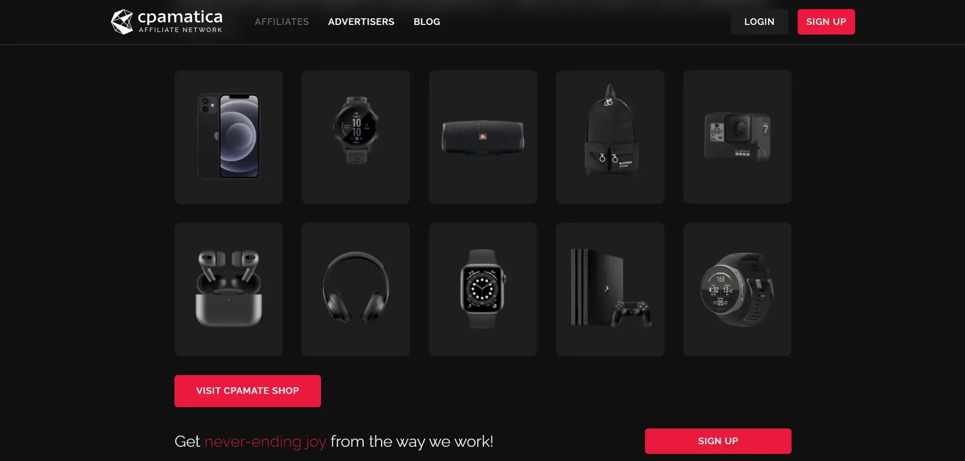 The Cpamate shop: rewards such as smartphones, smartwatches, speakers, backpacks, cameras, earbuds, headphones and a game console