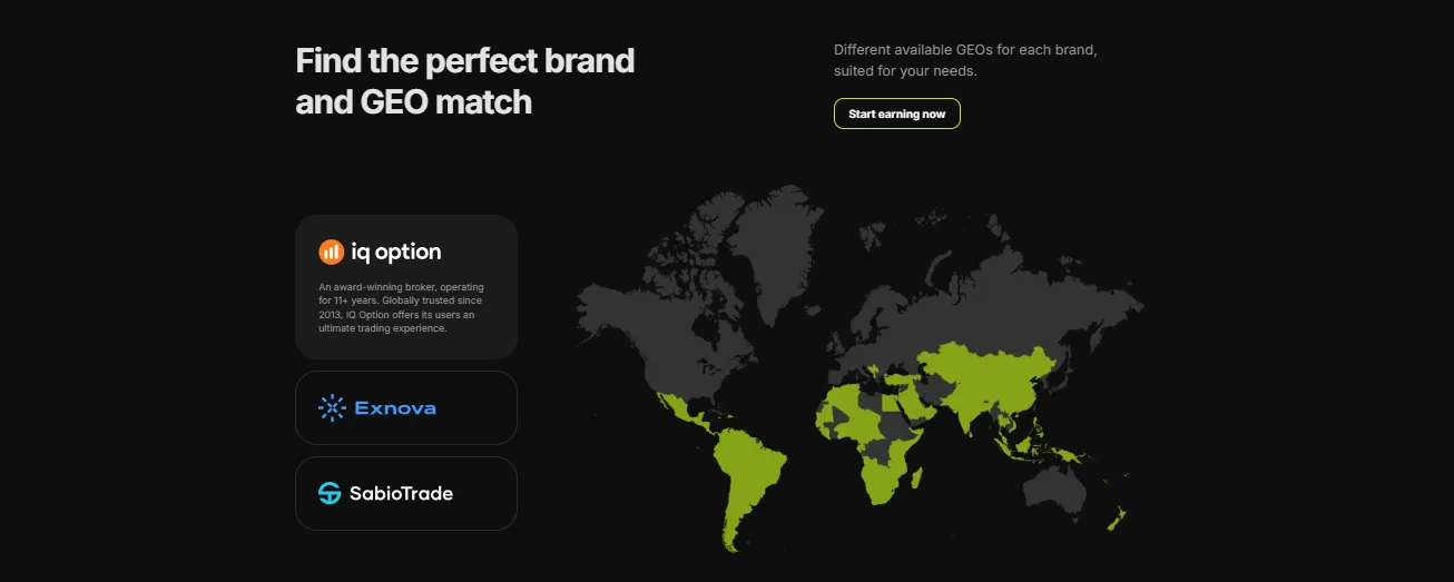 Affstore brands and GEOs: IQ Option, Exnova and SabioTrade, each available in different countries across Latin America, Africa and Asia