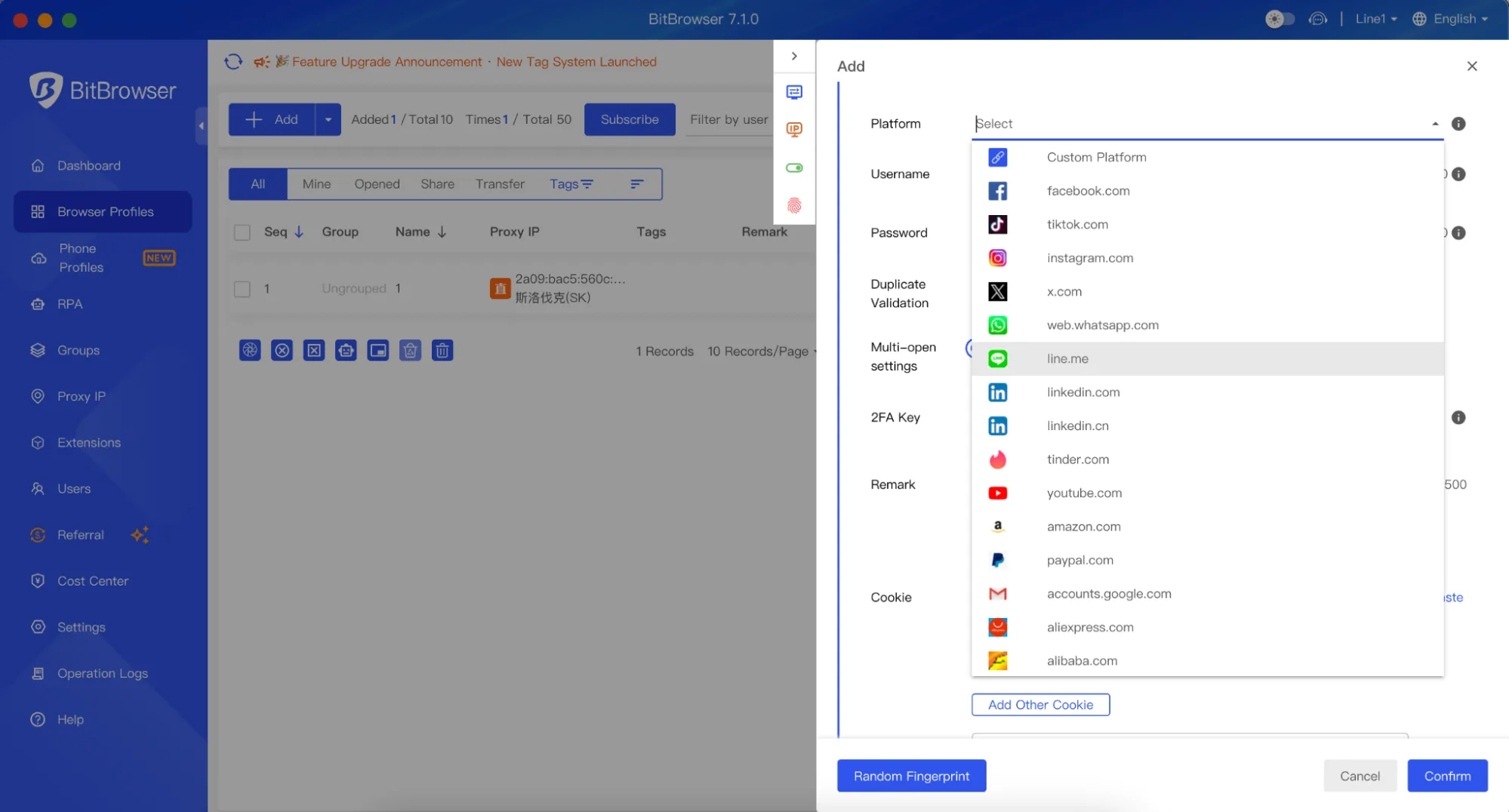 Creating a profile in BitBrowser: platform presets, login, 2FA key, cookie import and a random fingerprint button