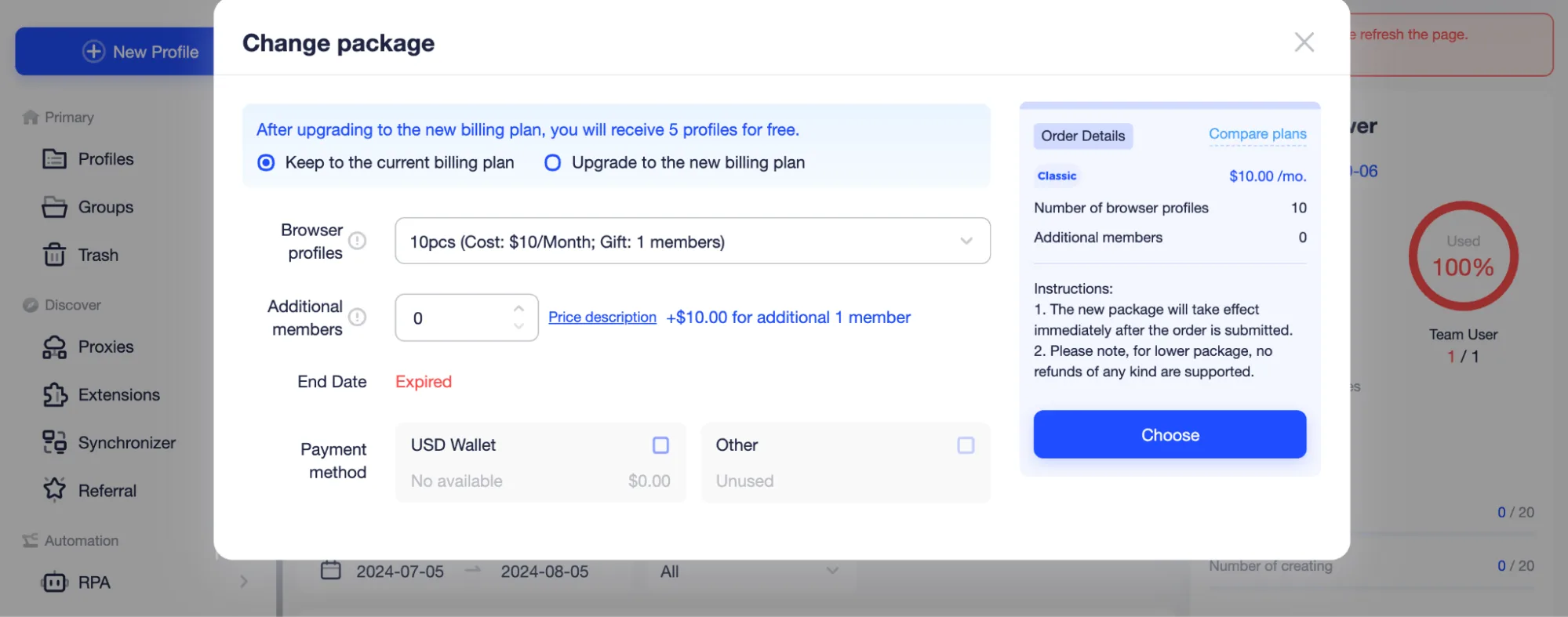 AdsPower package settings in 2024: 10 profiles for $10 a month, $10 for each additional member