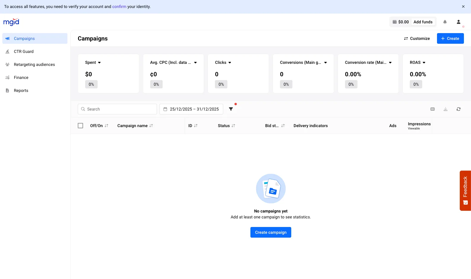 MGID advertiser dashboard: campaigns, CTR Guard, retargeting audiences, finance and reports