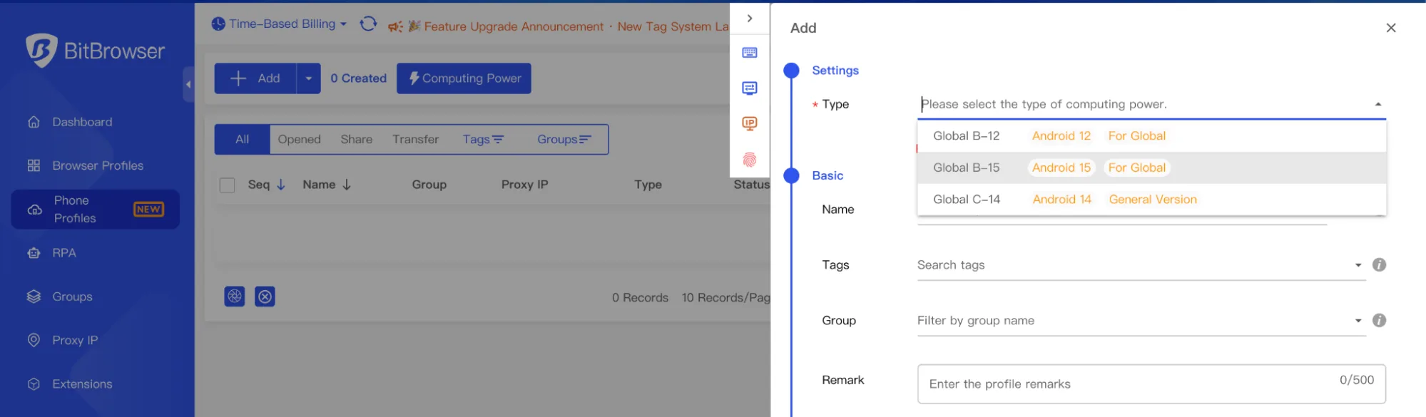 Adding a phone profile in BitCloudPhone: choose Android 12, 14 or 15 at creation