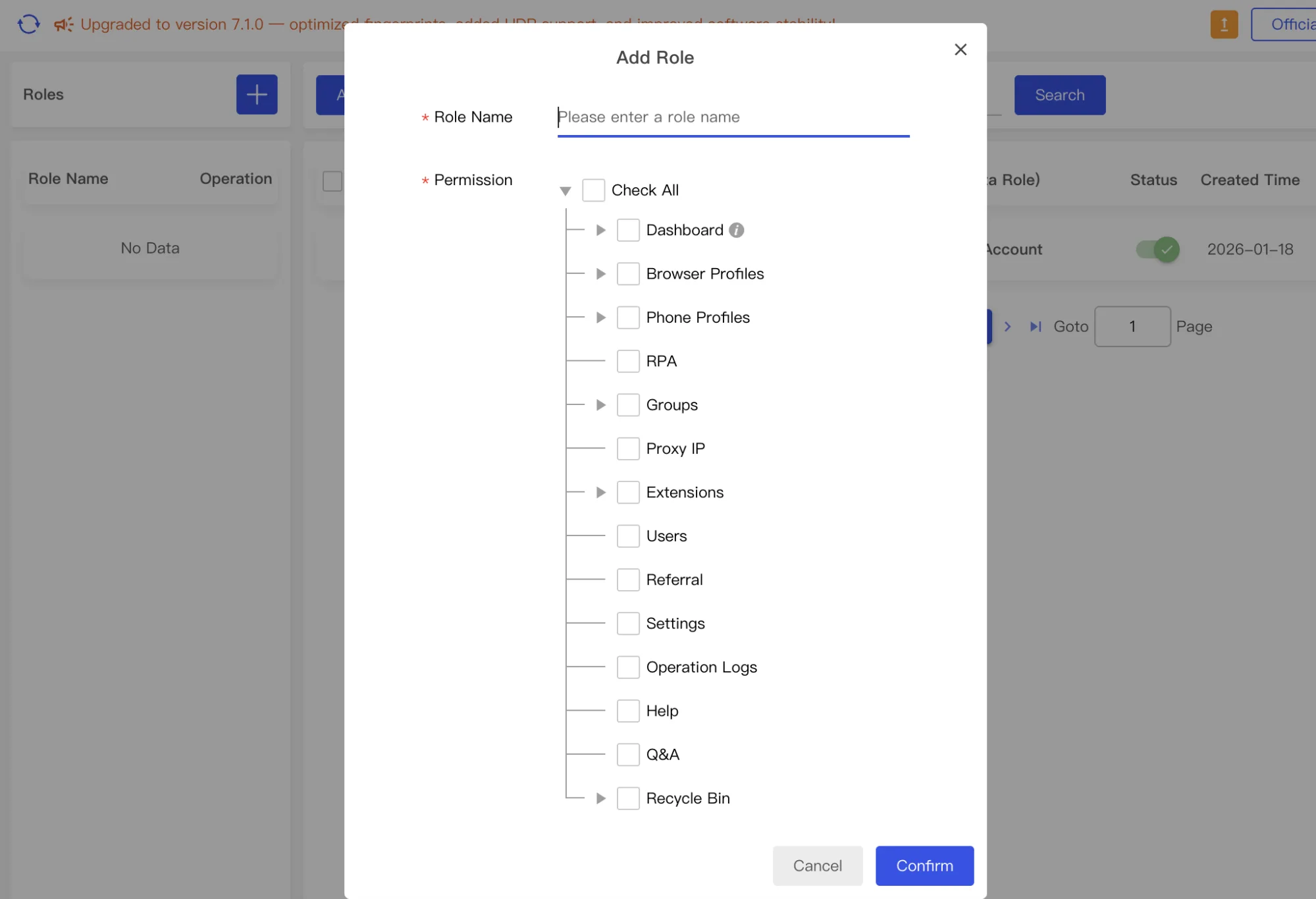 Adding a role in BitBrowser: permissions for dashboard, browser and phone profiles, RPA, proxies, users, logs and more