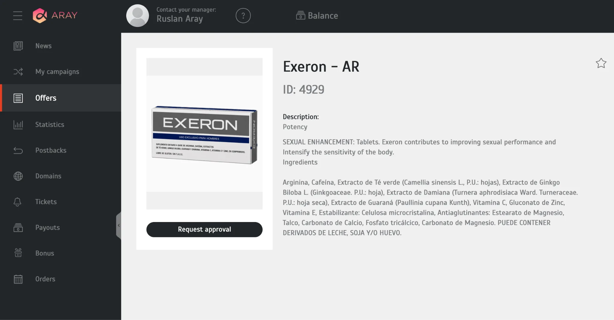 ARAY offer page Exeron, Argentina, ID 4929: potency tablets for sexual enhancement with a list of ingredients and a Request approval button.