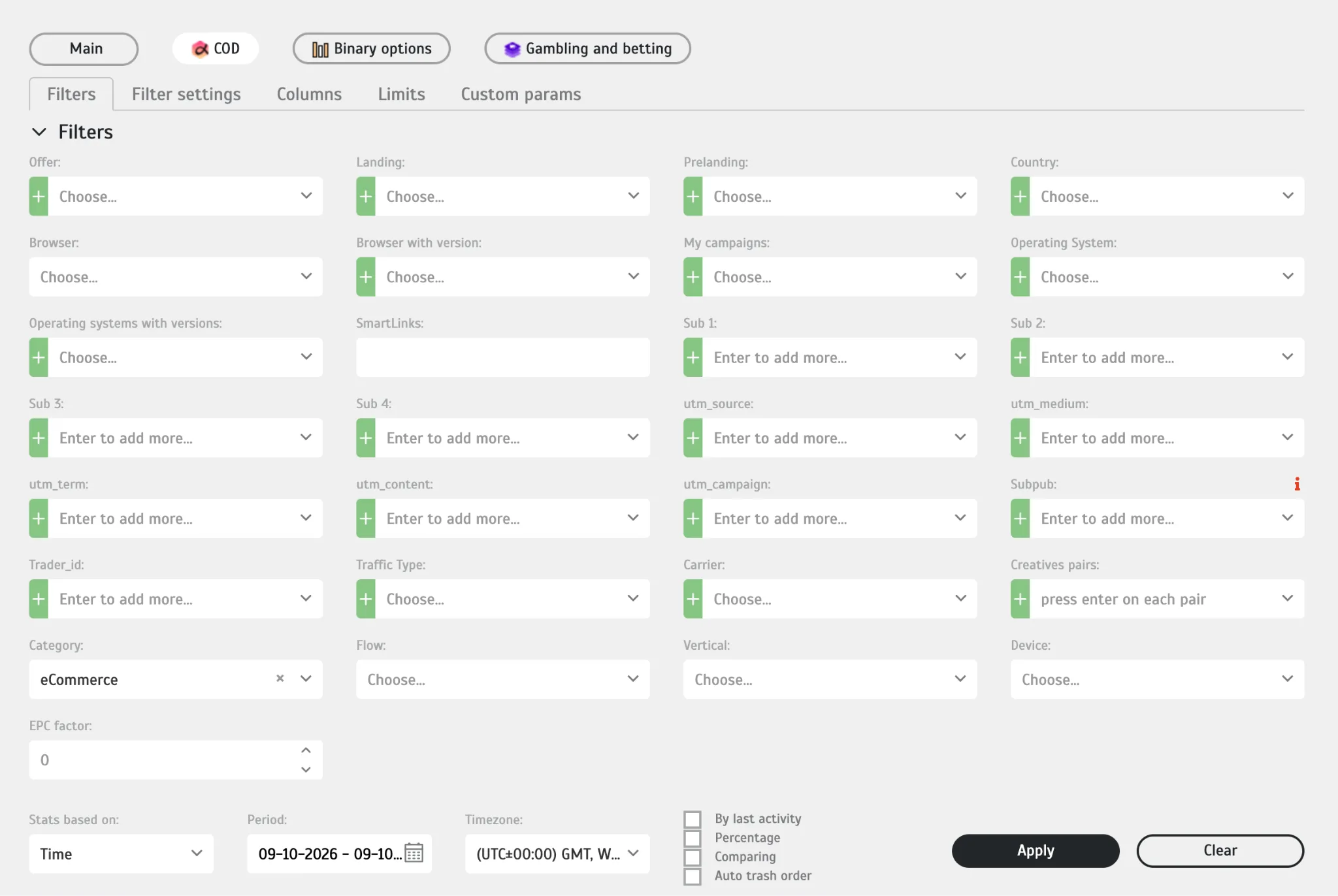 ARAY statistics filters for the COD category: offer, landing, prelanding, country, browser, operating system, smartlinks, sub 1 to sub 4, UTM source, medium, term, content and campaign, subpub, traffic type, carrier, creatives pairs, category, flow, vertical, device and EPC factor, with options for percentage, comparing and auto trash order.