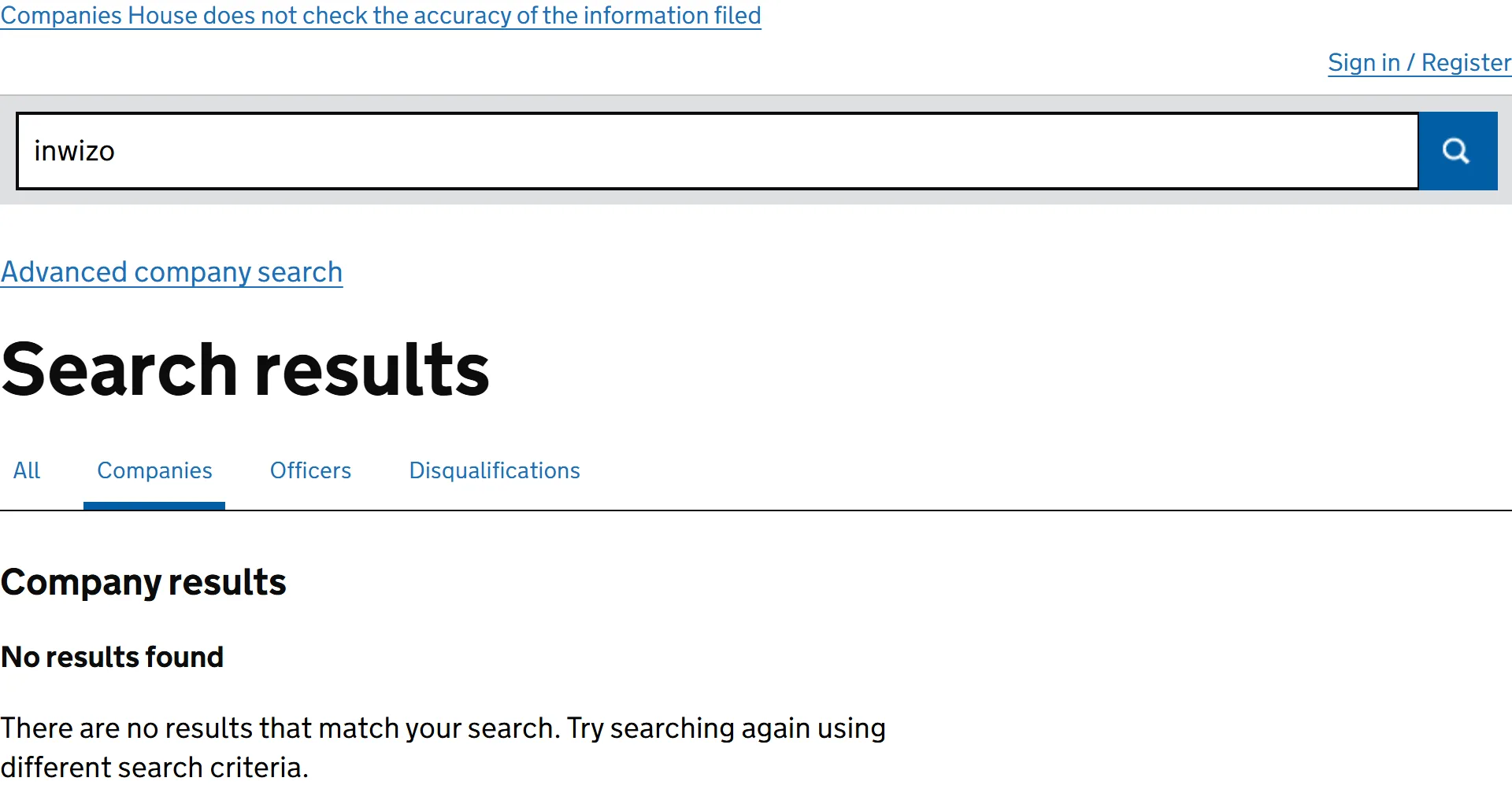 Companies House search results page with inwizo typed in the search box: under Company results it reads No results found, there are no results that match your search, try searching again using different search criteria.