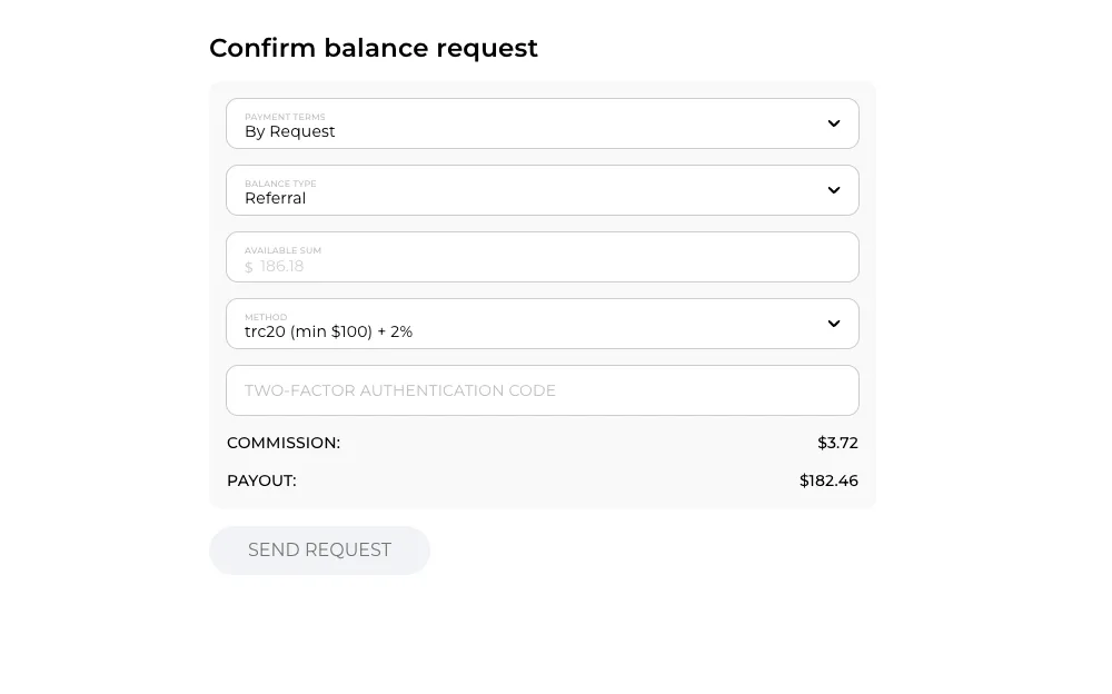 Datify.Link cabinet, form Confirm balance request: payment terms By Request, balance type Referral, available sum $186.18, method TRC20 (min $100) + 2%, commission $3.72, payout $182.46, button Send request.