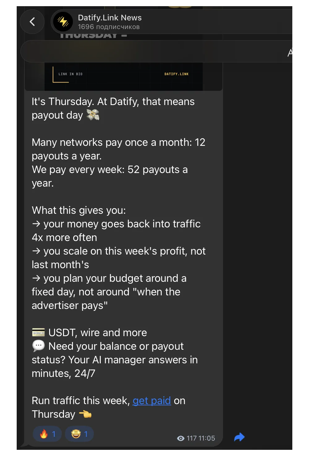 Datify.Link News Telegram channel, 1,696 subscribers, post: It's Thursday. At Datify, that means payout day. Many networks pay once a month: 12 payouts a year. We pay every week: 52 payouts a year. USDT, wire and more. Need your balance or payout status? Your AI manager answers in minutes, 24/7. 117 views.