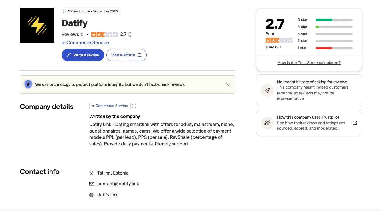 Trustpilot profile of Datify, claimed in September 2020: TrustScore 2.7, Poor, 11 reviews. Company description: dating smartlink with offers for adult, mainstream, niche, questionnaires, games and cams, PPL, PPS and RevShare, daily payments, friendly support. Contact: Tallinn, Estonia, contact@datify.link.
