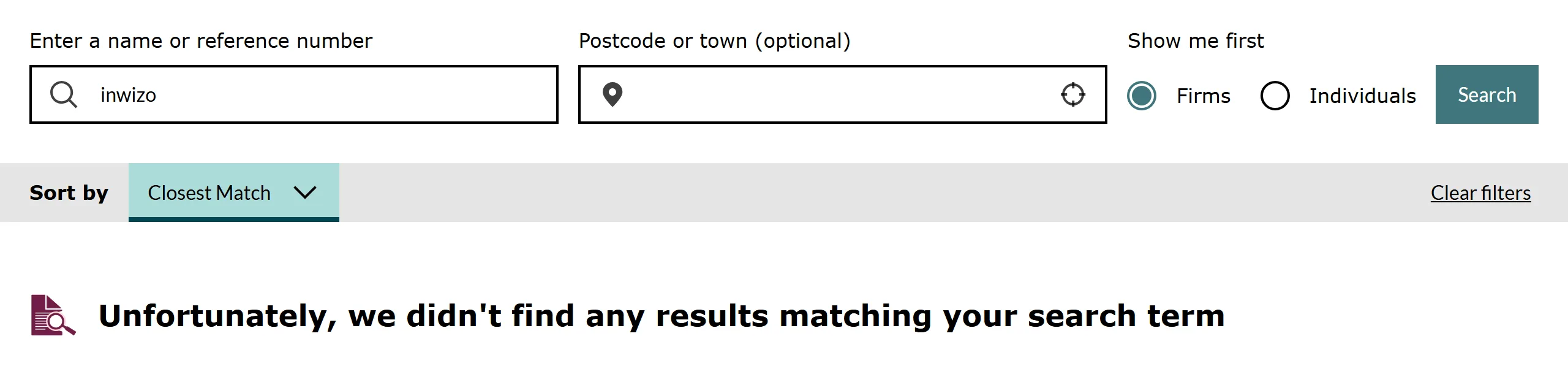 FCA Financial Services Register search with inwizo entered as the firm name, Firms selected and sorted by closest match: the result reads Unfortunately, we didn't find any results matching your search term.