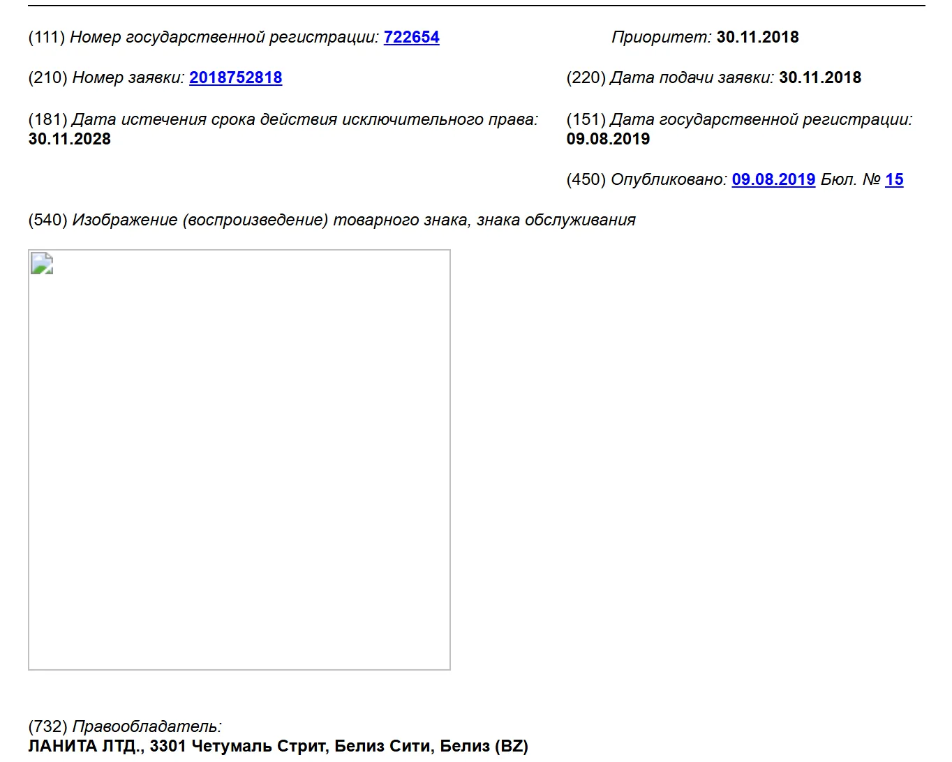 Russian federal trademark register record 722654: application 2018752818 filed and prioritized on November 30, 2018, registered and published on August 9, 2019, valid until November 30, 2028; the mark is the red and grey INWIZO logo; the right holder (732) is LANITA LTD., 3301 Chetumal Street, Belize City, Belize.