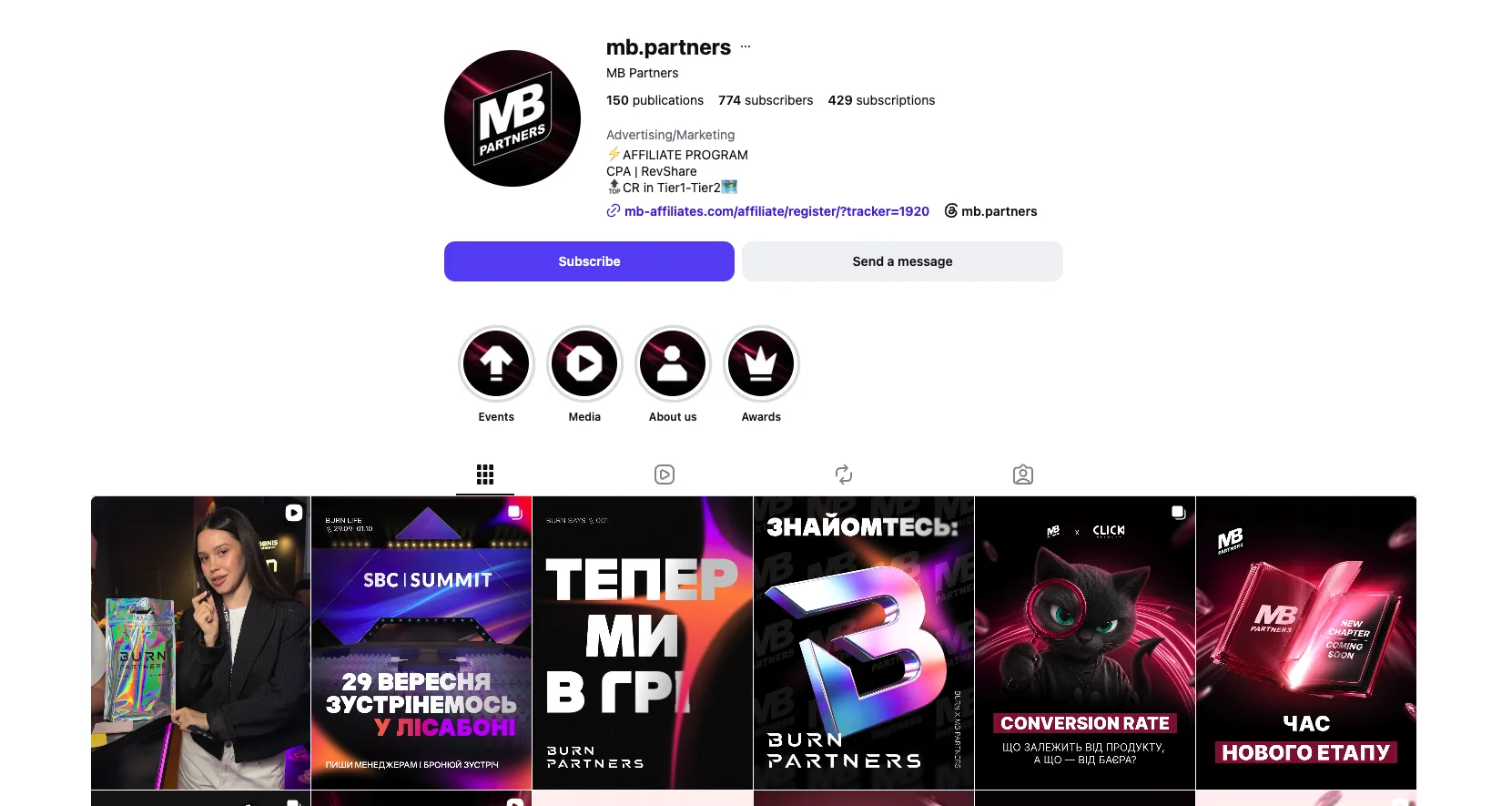 Instagram profile mb.partners: MB Partners, affiliate program, CPA and RevShare, CR in Tier-1 and Tier-2, 150 publications and 774 followers. The latest posts announce Burn Partners: a woman holding a holographic Burn Partners bag, SBC Summit meeting in Lisbon on September 29, Now we are in the game and Meet: Burn Partners.
