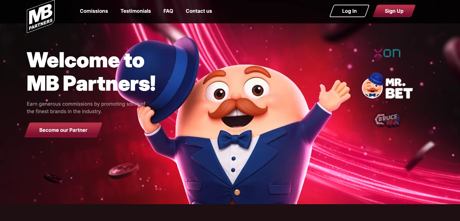 MB Partners website home page before the rebrand: Welcome to MB Partners! Earn generous commissions by promoting some of the finest brands in the industry, with the Mr.Bet mascot and the XON, Mr.Bet and BruceBet logos.