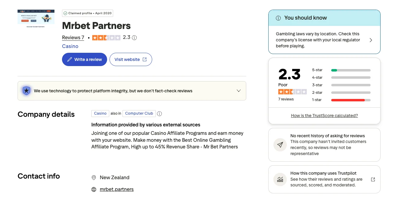 Trustpilot profile of Mrbet Partners, claimed in April 2020, category Casino: TrustScore 2.3, Poor, from 7 reviews, mostly 1-star; description: High up to 45% Revenue Share; contact New Zealand, mrbet.partners.